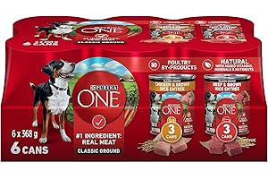 Purina ONE Classic Ground Wet Dog Food, Variety Pack 2 Flavours - 368 g Can (6 Pack)