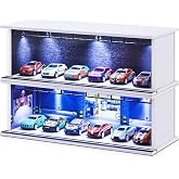 Tujoe 2 Pcs Display Case for Toy Car Garage with LED Light Stackable 1/64 Scale Diecast Toy Cars Garage for Maximum 58 Model Car Display and Storage(Depot)