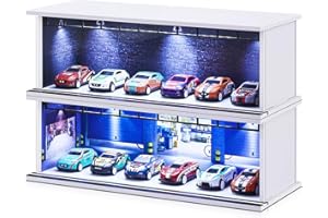 Tujoe 2 Pcs Display Case for Toy Car Garage with LED Light Stackable 1/64 Scale Diecast Toy Cars Garage for Maximum 58 Model Car Display and Storage(Depot)