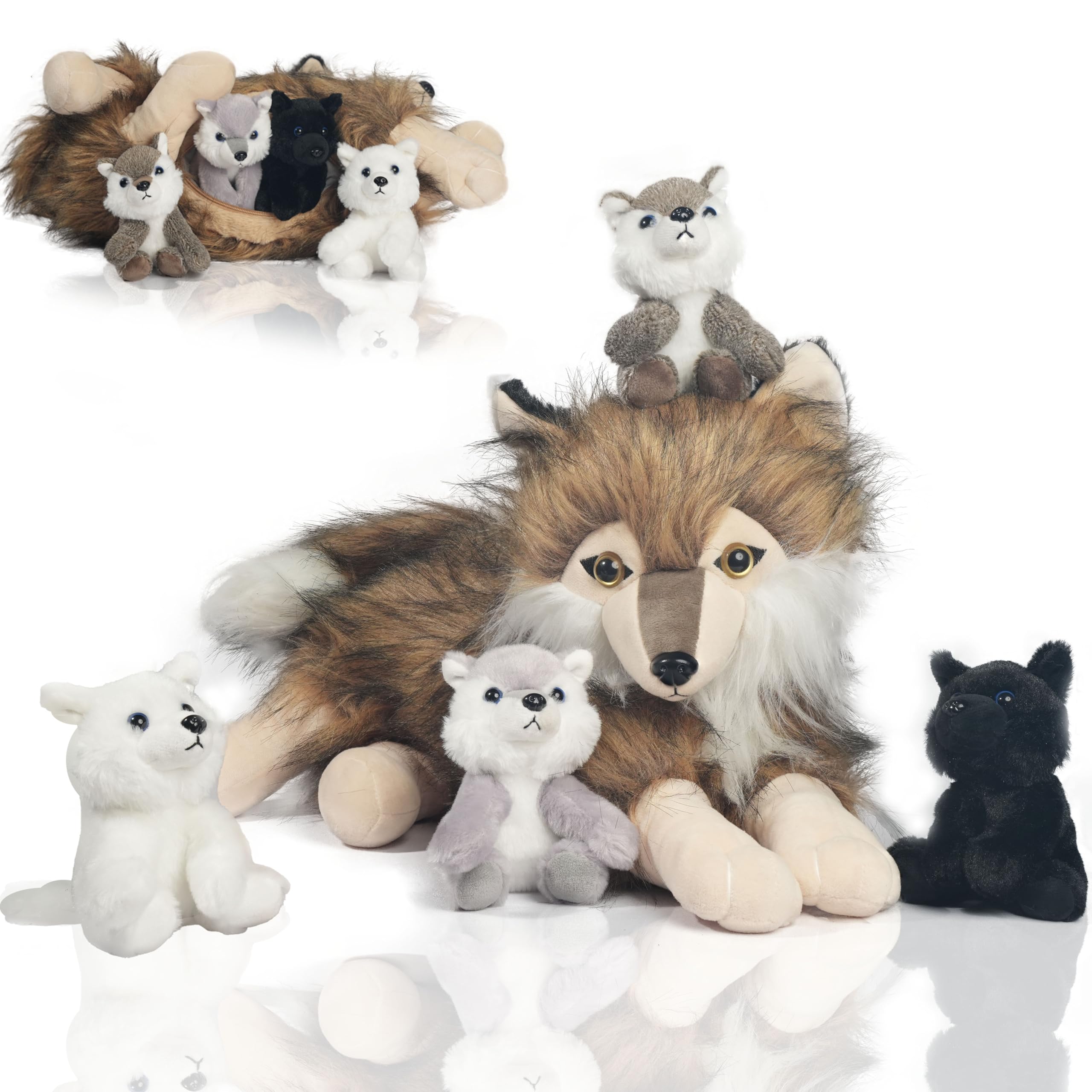 Photo 1 of 5 Pcs Wolf Stuffed Animal Plush Toy, 16 Inch Large Mommy Stuffed Wolf with 4 Cute Babies Wolves Inside Belly, Furry Wolves with Pups Plushies Gift for Kids Boys Girls Halloween Christmas Birthday