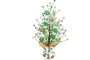 Lotus Hills St Patricks Day Decor, 20 Inch Shiny Shamrock Table Tree with Burlap Base and Bow, St Patricks Day Decorations, St Patricks Day Table Mantel Decor, Greenery Irish Shamrock Decorations