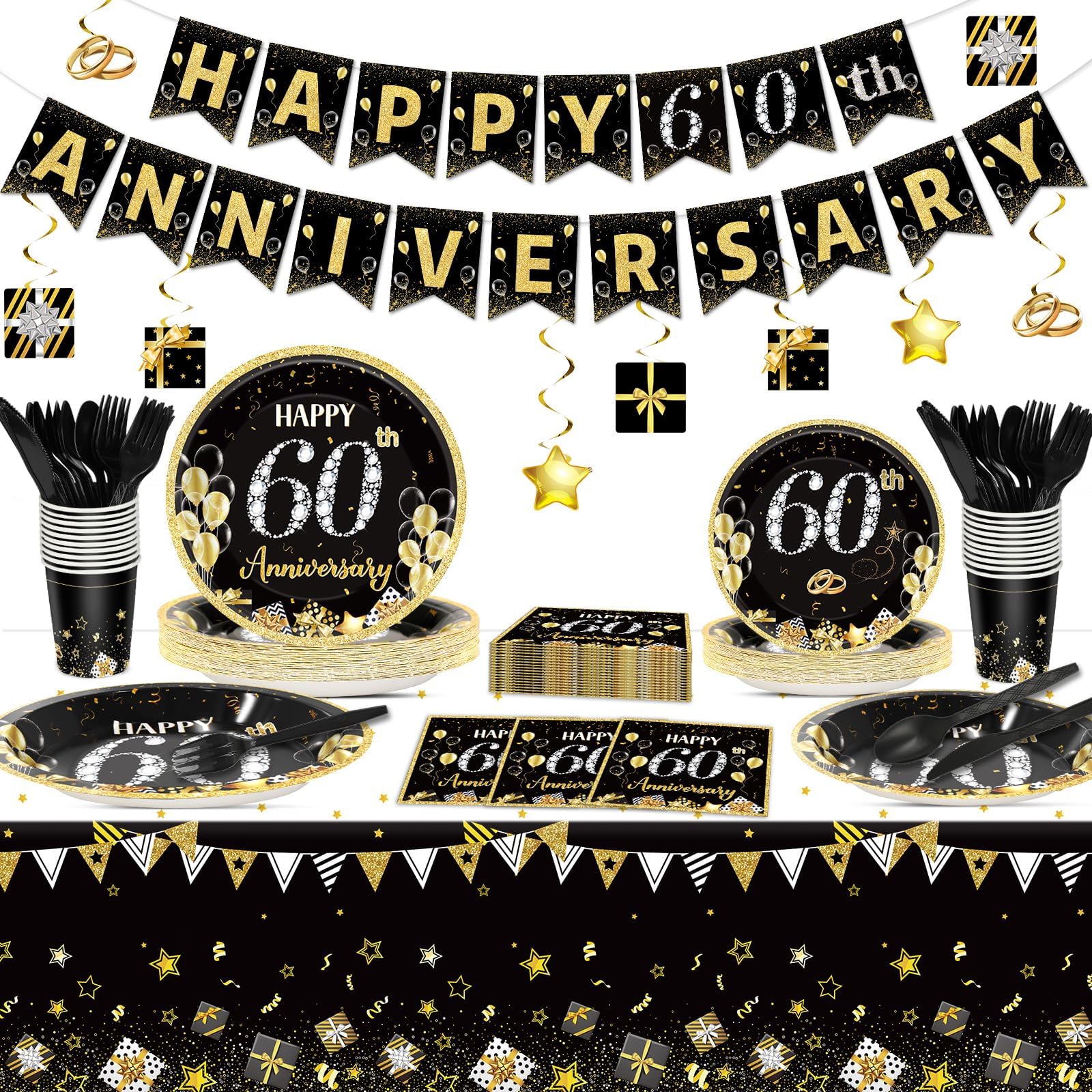 Photo 1 of 121pcs 60th Wedding Anniversary Party Decorations Set Includes Plates Napkins Cups Tablecloth Swirls Banner Tableware Kit Dispose 60th Anniversary Wedding Party Supplies Favors, Serve 16