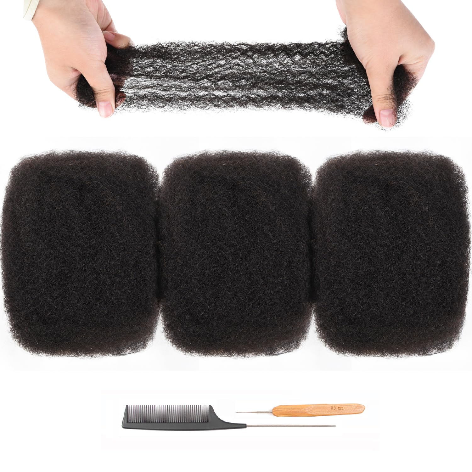 Originea Afro Kinky Curly Human Hair Bulk for Dreadlocks and Twist Braiding 100% Human Hair 3 Packs 8 Inch Soft Afro Kinky Bulk Human Hair Extensions Natural Black Color