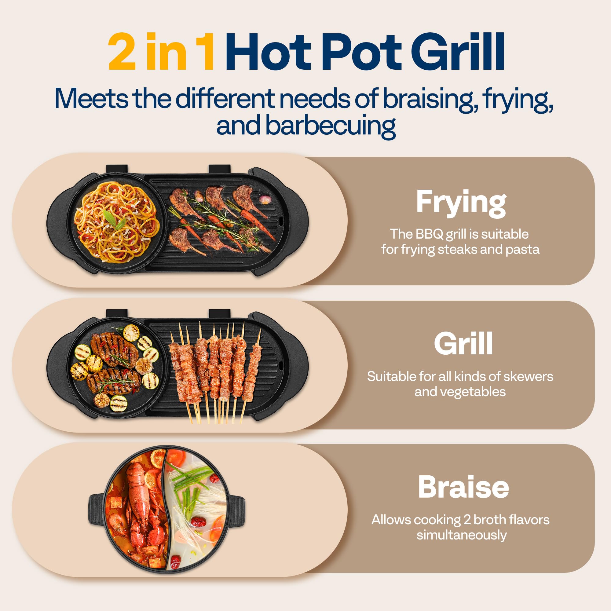 VIVOHOME 2000W Electric Hot Pot with Grill, Removable Shabu-shabu Pot w/Non-stick Baking Pan, Separate Temperature Control 2-IN-1 Hotpot BBQ for 1-6 People Family Dinning