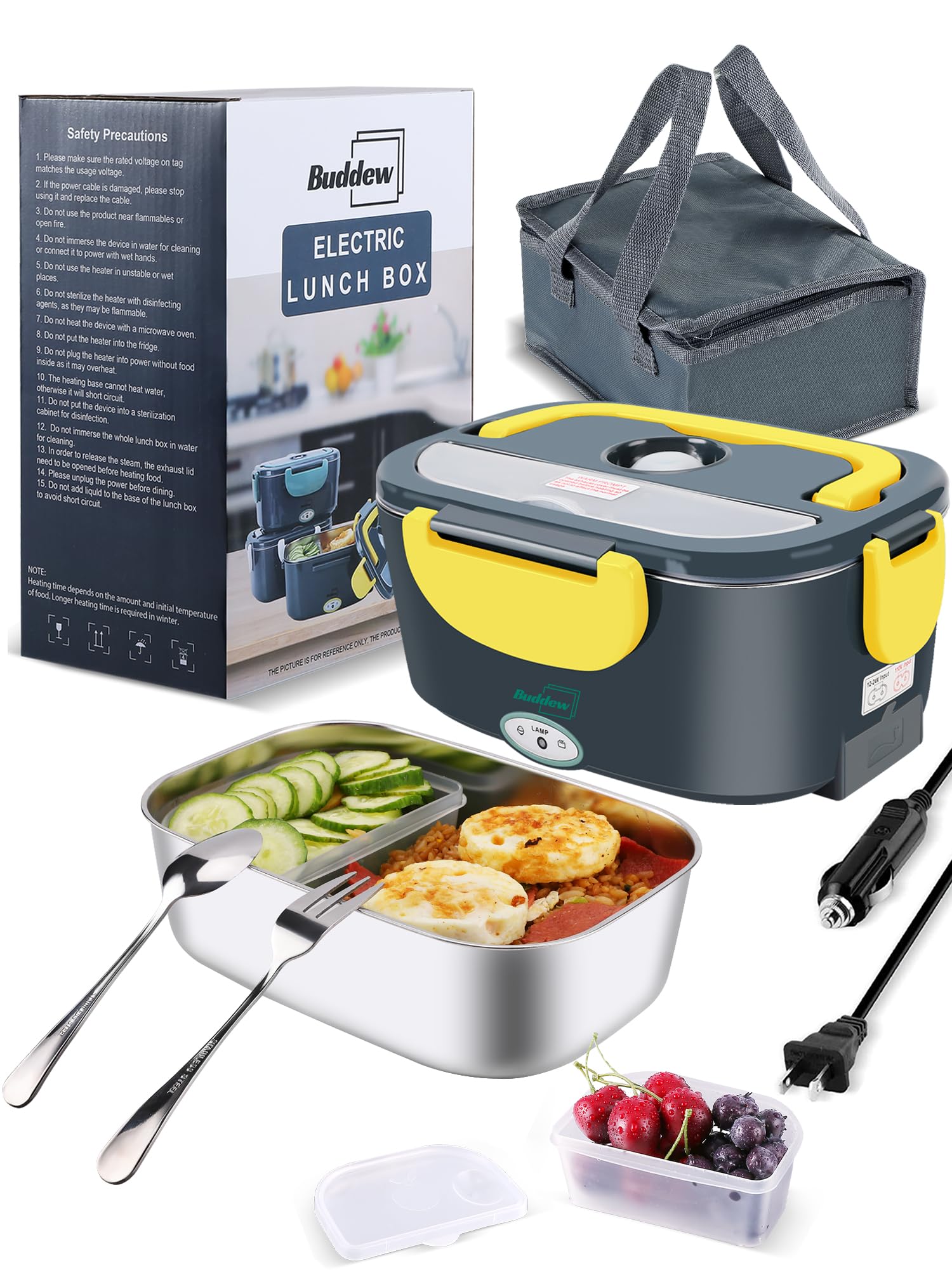 Buddew Electric Lunch Box 80W Food Heater for Adults, 12/24/110V Portable Lunch Warmer Upgraded Heated Lunch Box for Car/Truck/Office with SS Fork&Spoon and Insulated Carry Bag(Yellow) Image Buddew Electric Lunch Box 80W Food Heater for Adults, 12/24/110V Portable Lunch Warmer Upgraded Heated Lunch Box for Car/Truck/Office with SS Fork&Spoon and Insulated Carry Bag(Yellow) Image
