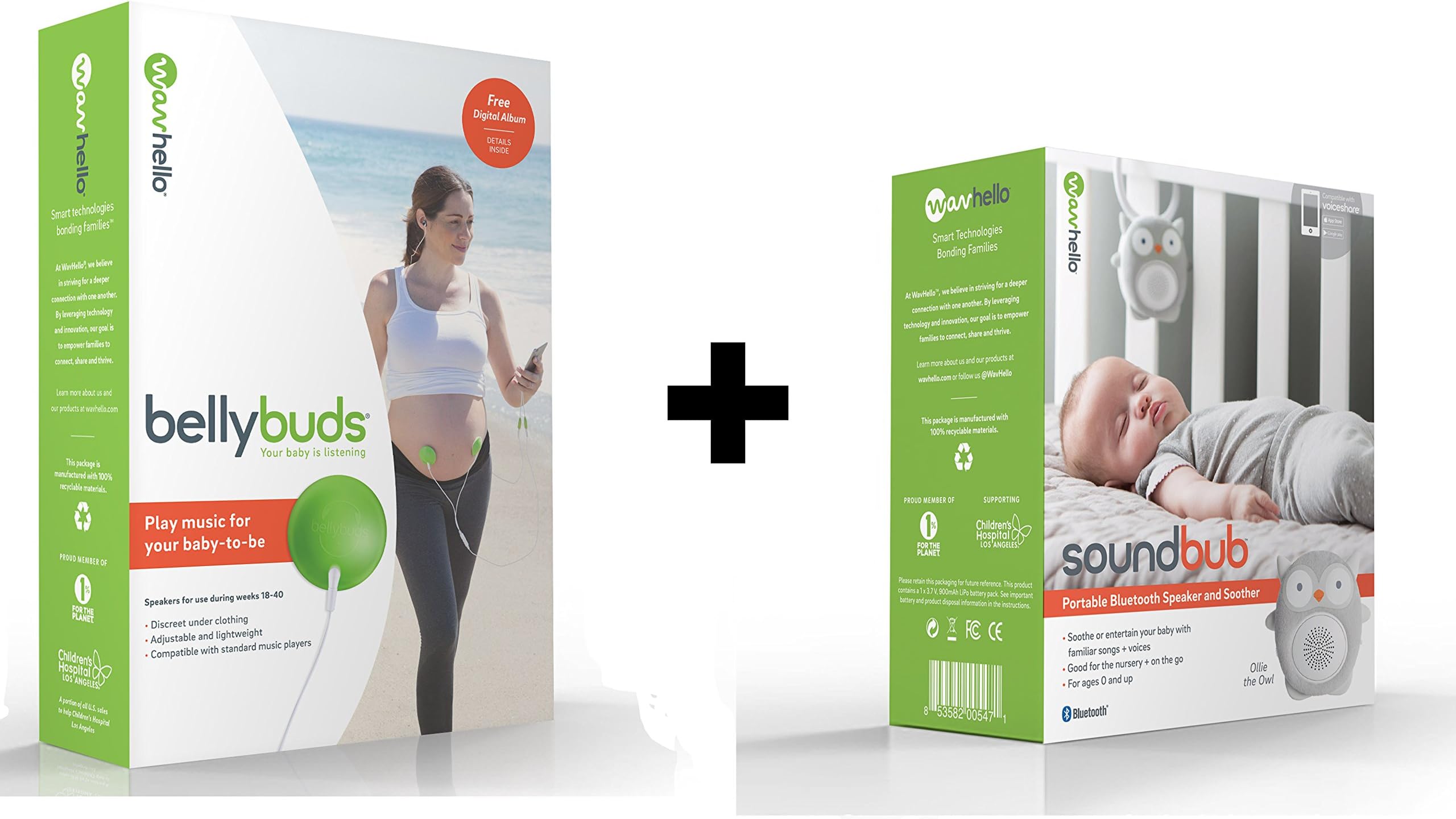 BELLYBUDS, Pregnancy Baby-Bump Headphones & SOUNDBUB, White Noise Machine and Bluetooth Speaker Bundle Pack | Ollie The Owl, Gray
