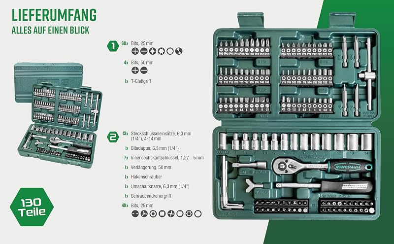 Estojo mannesmann m29166 com 130 peças com conjunto de soquetes e pontas de chave de fenda