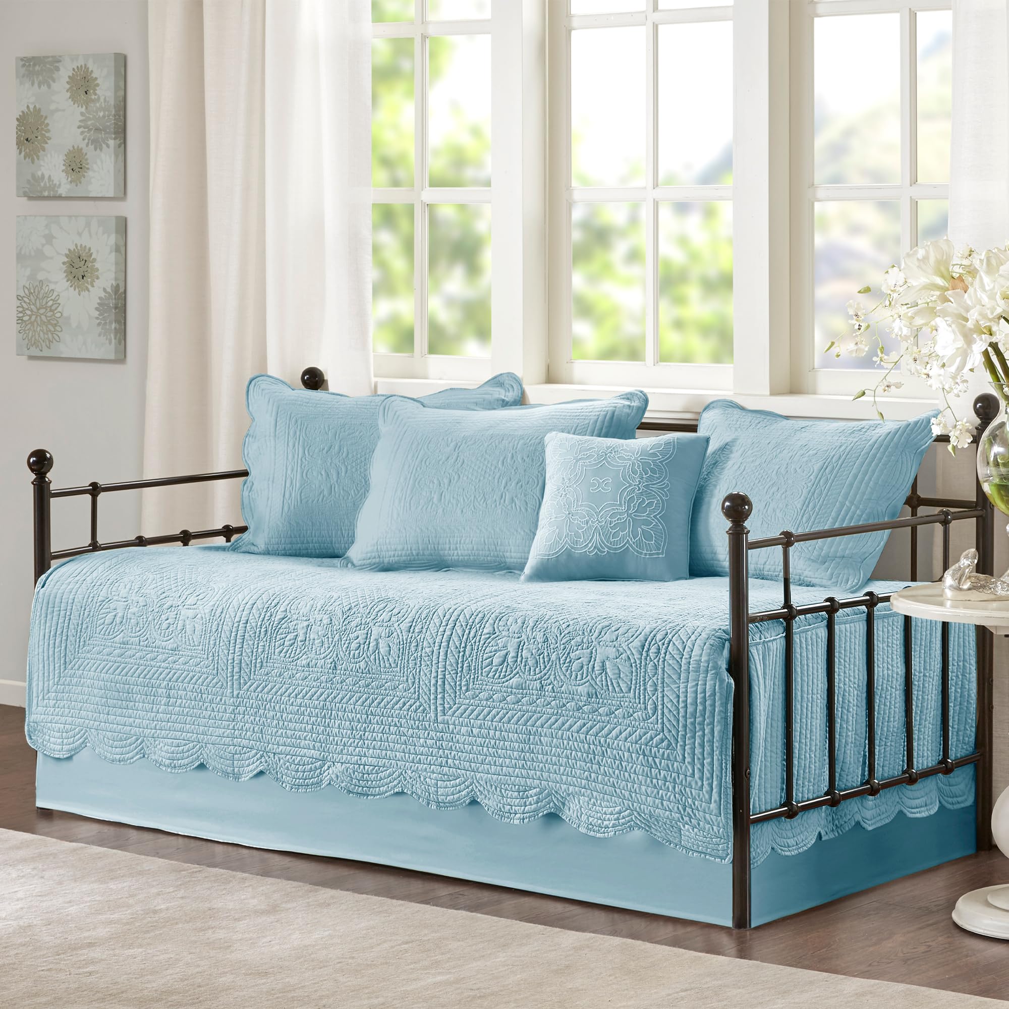 Madison Park Daybed Cover Set Damask Quilted Cover for Daybeds, All Season, Pre-Washed Cotton-Filled Coastal Bedding with Scallop Edge, Shams, Bedskirt, Décor Pillows, Tuscany, 39"x75", Blue 6 Piece Image