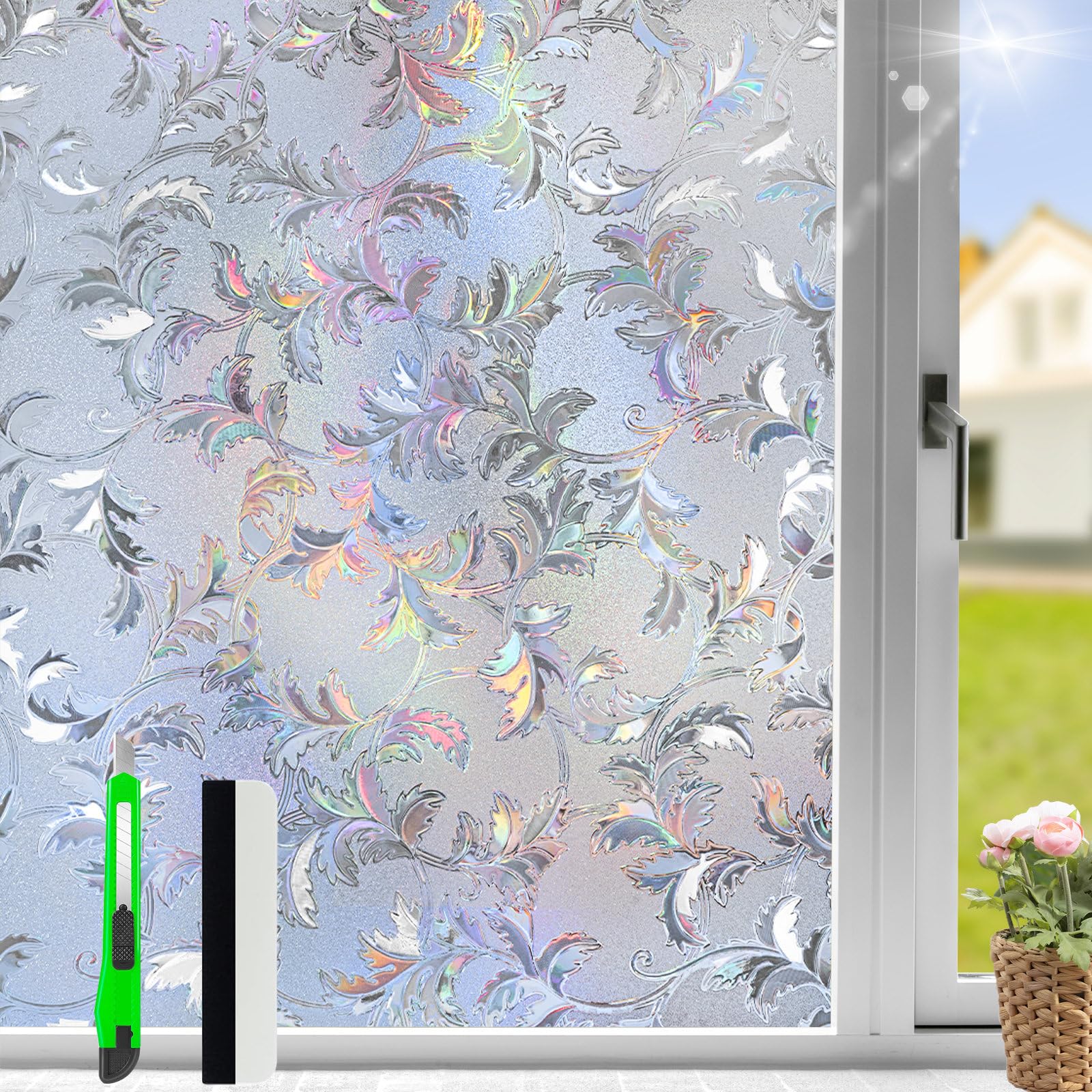 Antrect Window Film Privacy Stained Glass Window Film 115X400Cm Rainbow Opaque Window Frosting Film Home Bathroom Living Room — image 1
