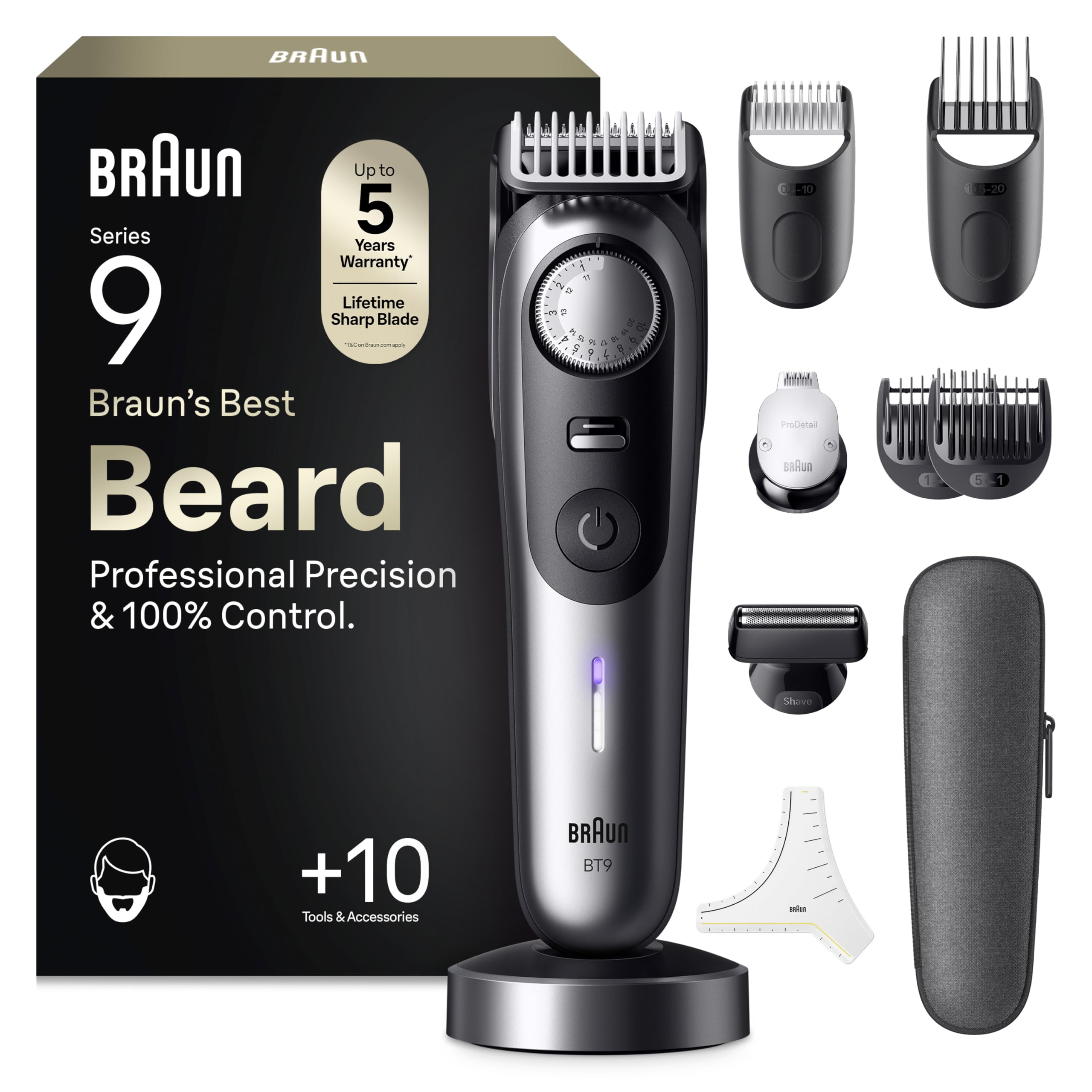 Braun Barttrimmer Series 9, Elektrischer Bartschneider Herren mit 10 Barber-Tools, Lebenslang Ultrascharfe Klinge, 180 Min Akku, Kabelloser Bartrasierer, 52 Längen, Wasserdicht, BT9545, Chrom