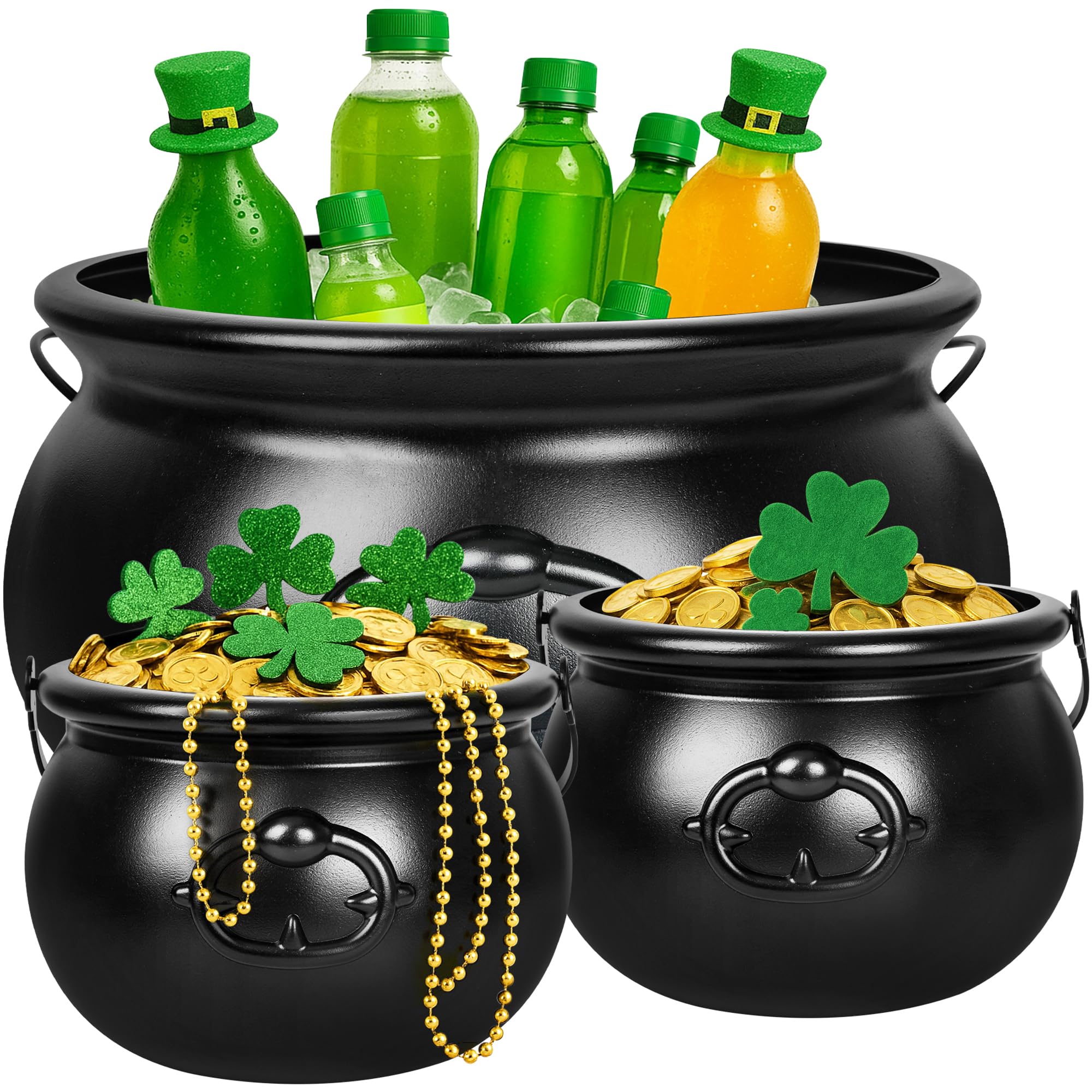 Photo 1 of 3PCS St Patrick's Day Cauldron, 12.6" and 7.68" Plastic Cauldron Irish Festival Coins Candy Holder, Reusable Pot of Gold Bucket Lucky Leprechaun Themed Treat Pot for St Patrick's Day Decorations