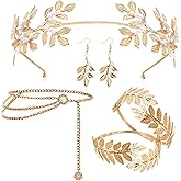 JeVenis Greek Goddess Costume Accessories Women Grecian Costume Leaf Crown Headband Earrings Belt for Cosplay Party Supplies (gold)