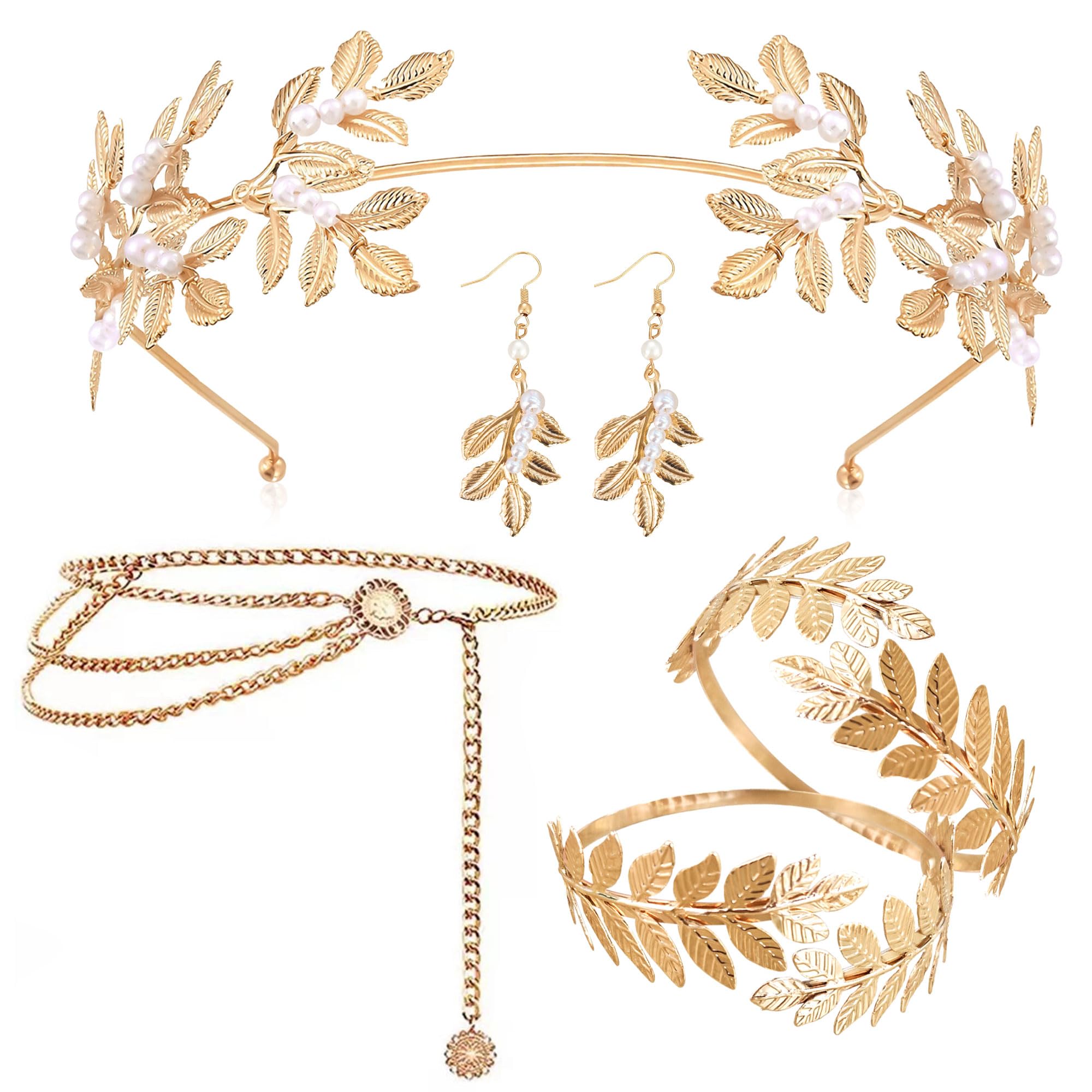 JeVenis Greek Goddess Costume Accessories Women Grecian Costume Leaf Crown Headband Earrings Belt for Cosplay Costume Party Supplies