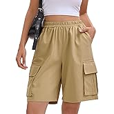 Sunidol Women's Cargo Shorts Bermuda Shorts 6 Pockets Elastic Waist Knee Length Long Hiking Summer Baggy Casual Shorts