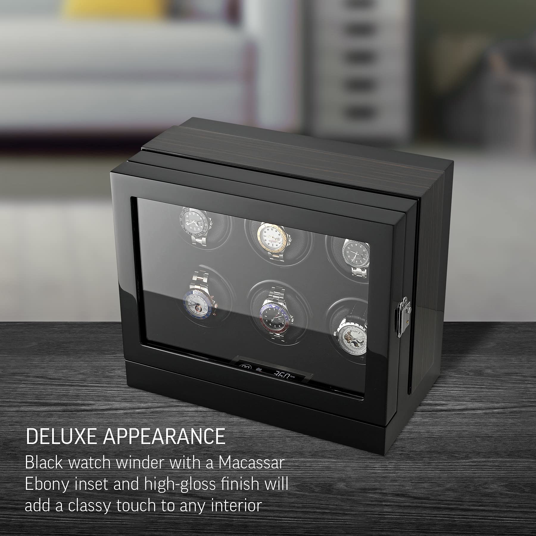 Watch Winder for 6 Watches with Customisable Winding Mode and LED Backlight (Black)