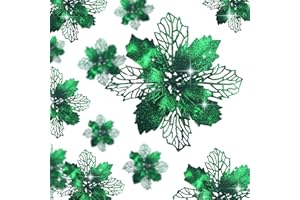 Wironlst 16 Pcs Glitter Poinsettia Flowers Artificial - Christmas Gold Poinsettia Decorations Tree Flowers Ornaments for Xmas/Holiday/Seasonal/Wedding Decor (Green)