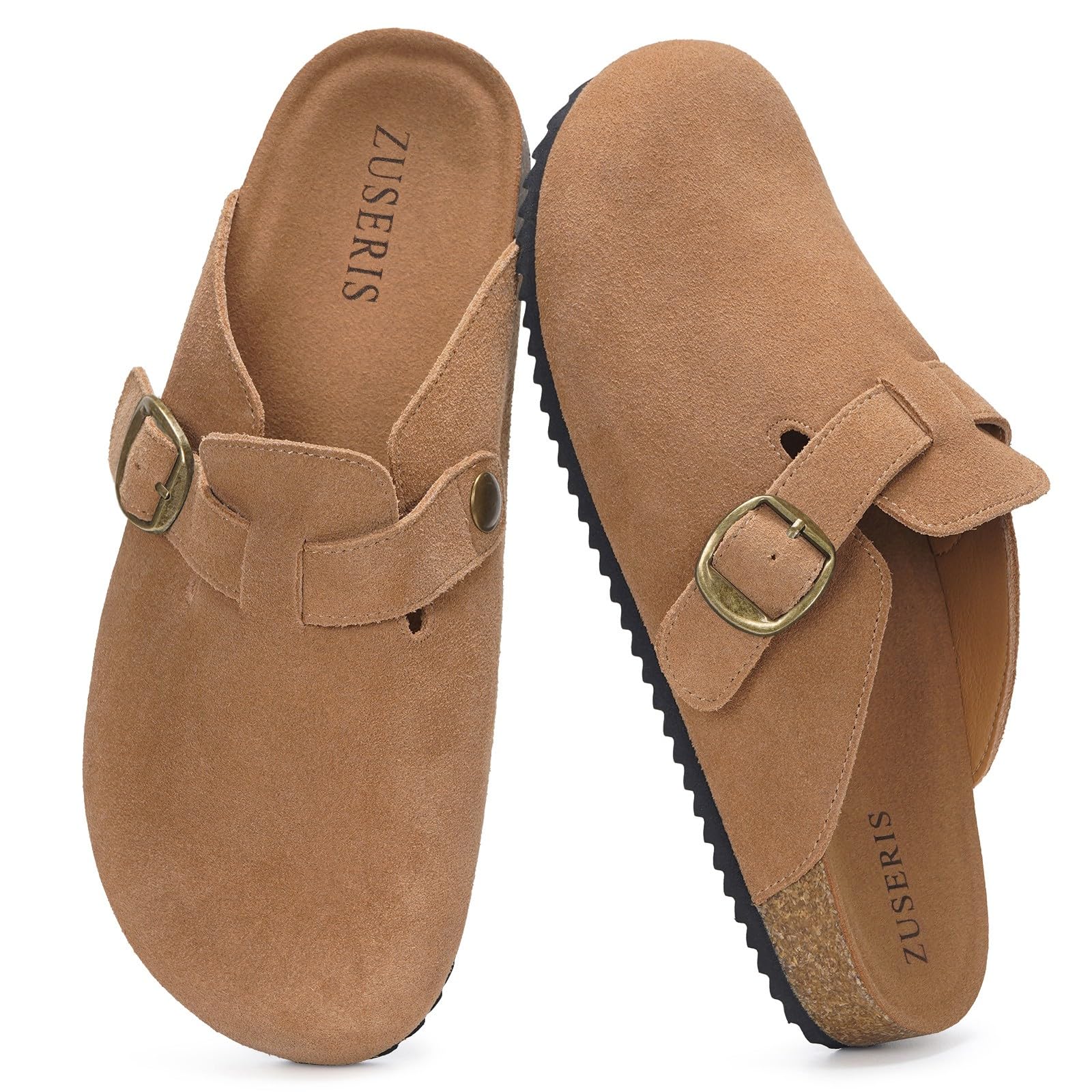 Photo 1 of ZUSERIS Clogs for Women Mens Suede Leather Mules Soft Cork Footbed Potato Shoes Comfort Work Shoes with Adjustable Buckle & Arch Support,42 Light Brown