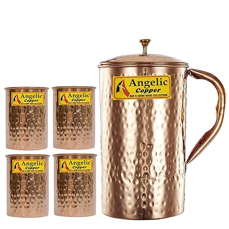 Angelic Copper Handmade Copper Jug with Glasses Set, Set of 4, Brown