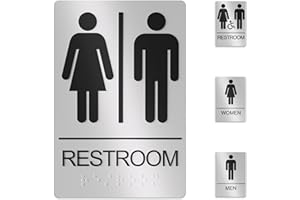 ASSURED SIGNS Restroom Sign for Business - ADA COMPLIANT with GRADE 2 BRAILLE - 9 x 6 Inch Unisex Bathroom Sign for Doors and Walls - Self Stick