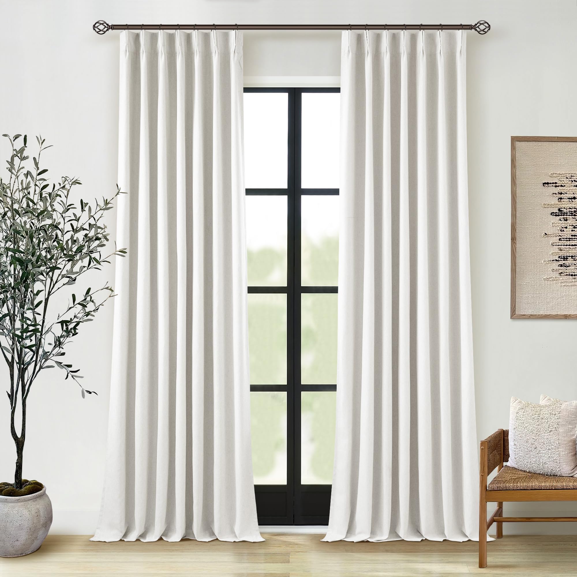 Photo 1 of Extra Long 100% Blackout Linen Curtains 120 Inches Long for Living Room Bedroom Large Window Pinch Pleated with Hooks Rings Back Tab Thermal Insulated Light Blocking Boho Track Curtains Birch Ivory