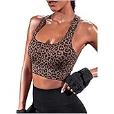 OYOANGLE Sports Bra for Women Leopard Print Wireless Racer Back Athletic Workout Bras Square Neck Workout Gym Tops