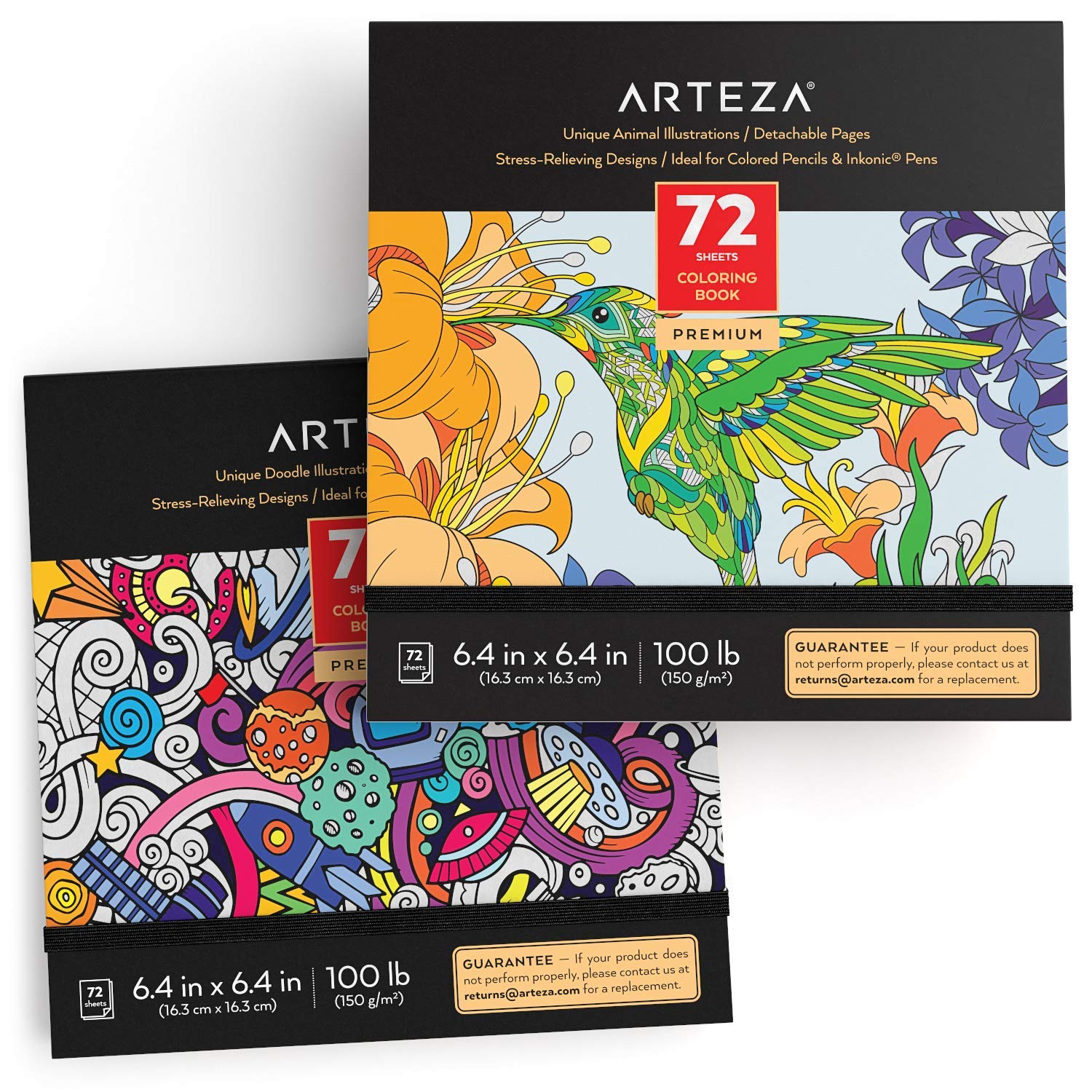 Arteza Doodle and Animal Colouring Books for Adults & Teens, 2-Pack, Black Outlines, 144 Relaxing Colouring Pages for Relieving Stress and Anxiety, Encourages Meditation, Promotes Mindfulness