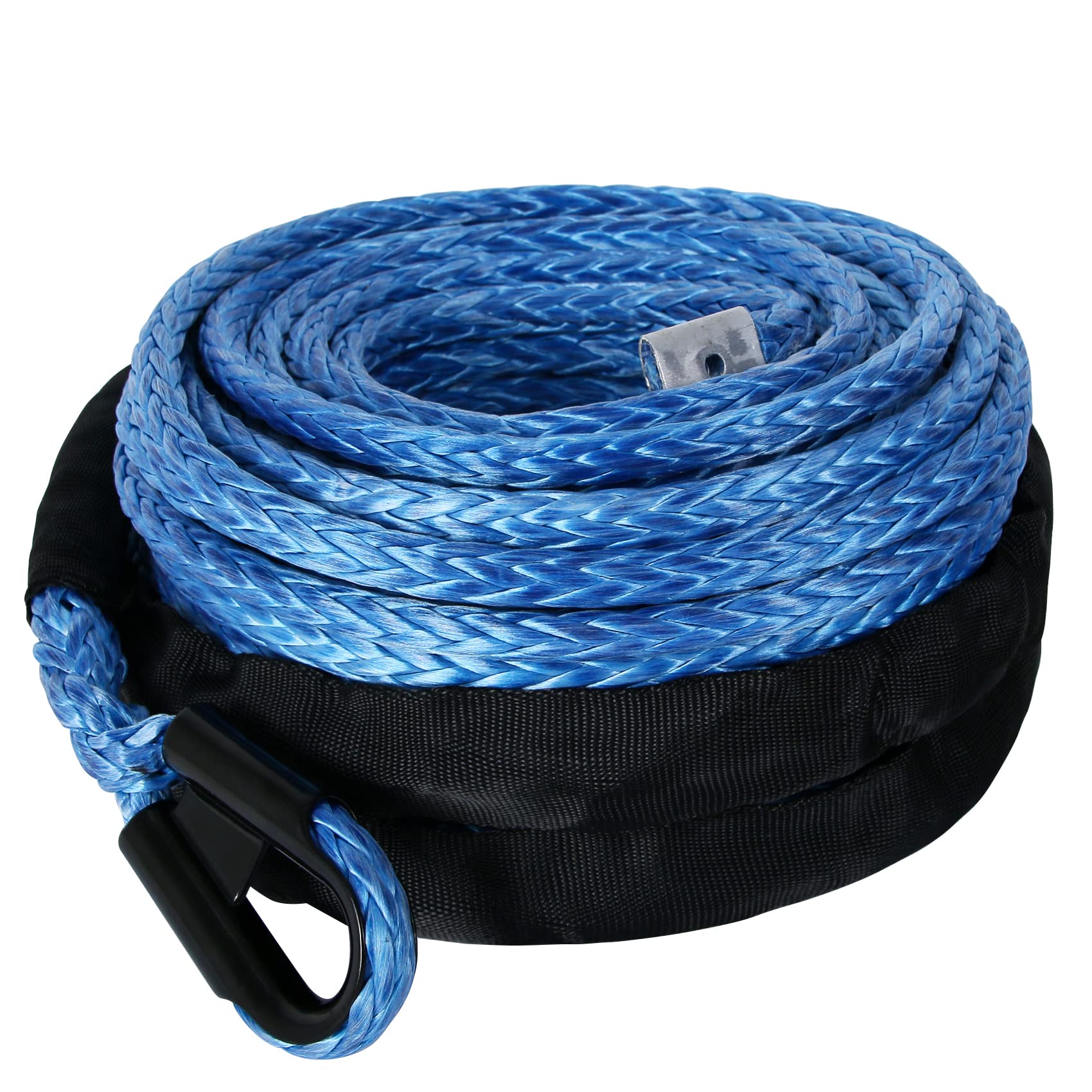 Photo 1 of WROUGH 3/8 in x 95 ft Synthetic Winch Rope with Protecting Sleeve and Thimble, 26,500 lb Break Strength - Heavy Duty Winch Rope for ATV, UTV, Boat Trailer, Jeep, Quad, Polaris, Winch Cable (Blue)