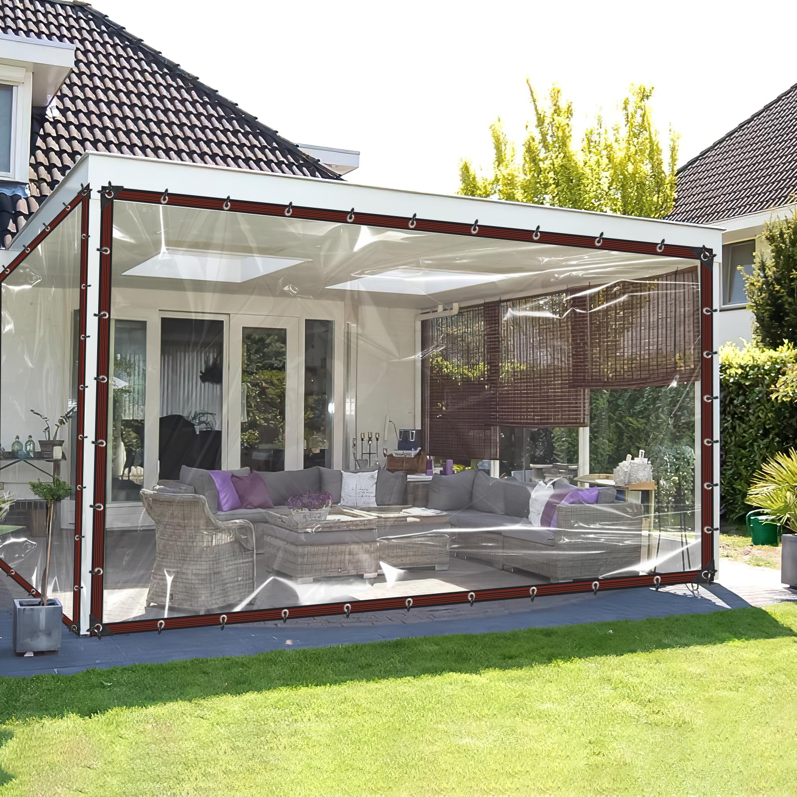 Photo 1 of 12X12FT Clear Waterproof Tarps (Increase Grommets, 33FT Windproof Rope Ties) Heavy Duty Poly Tarpaulin Outdoor Rainproof Covering, Clear Plastic Vinyl Tarp for Patio Covering Henhouse Porch Canopy