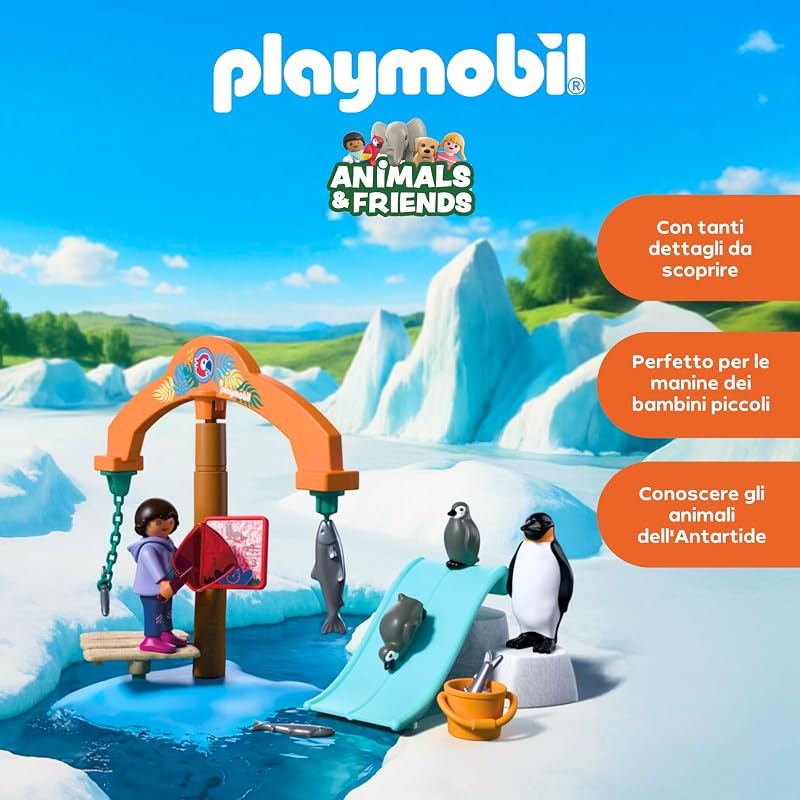 | Animals & Friends | Zoo Visita agli animali artici | Pinguini e foche con giostra per mangiare | giocattolo per bambini dai 4 anni in su | 72073