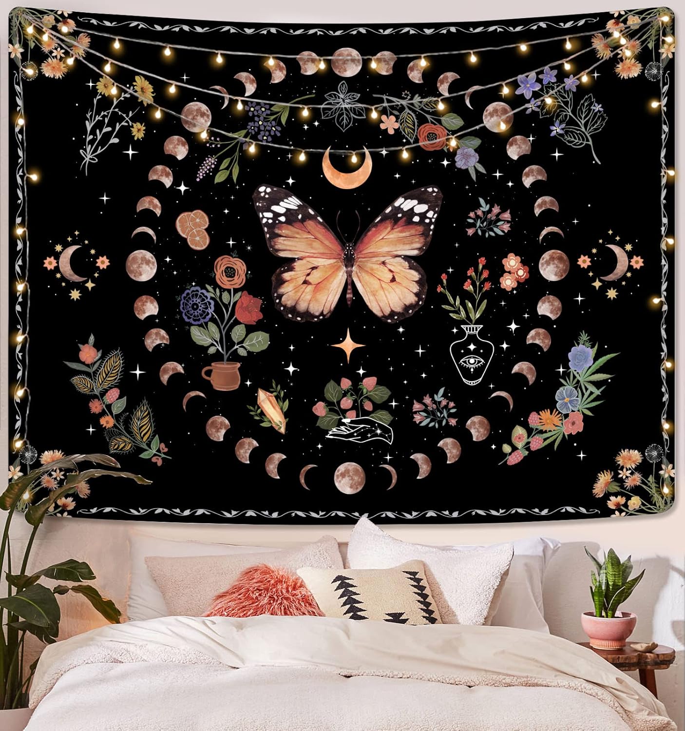 Tapestries - Fowocu Orange Butterfly Moon Flower Tapestry Boho Floral Plant Tapestries for Bedroom Aesthetic Tapastry's Wall Hanging Mandala Botanical Wall Tapestry for Living Room Dorm (Yellow, 48'' × 36'')