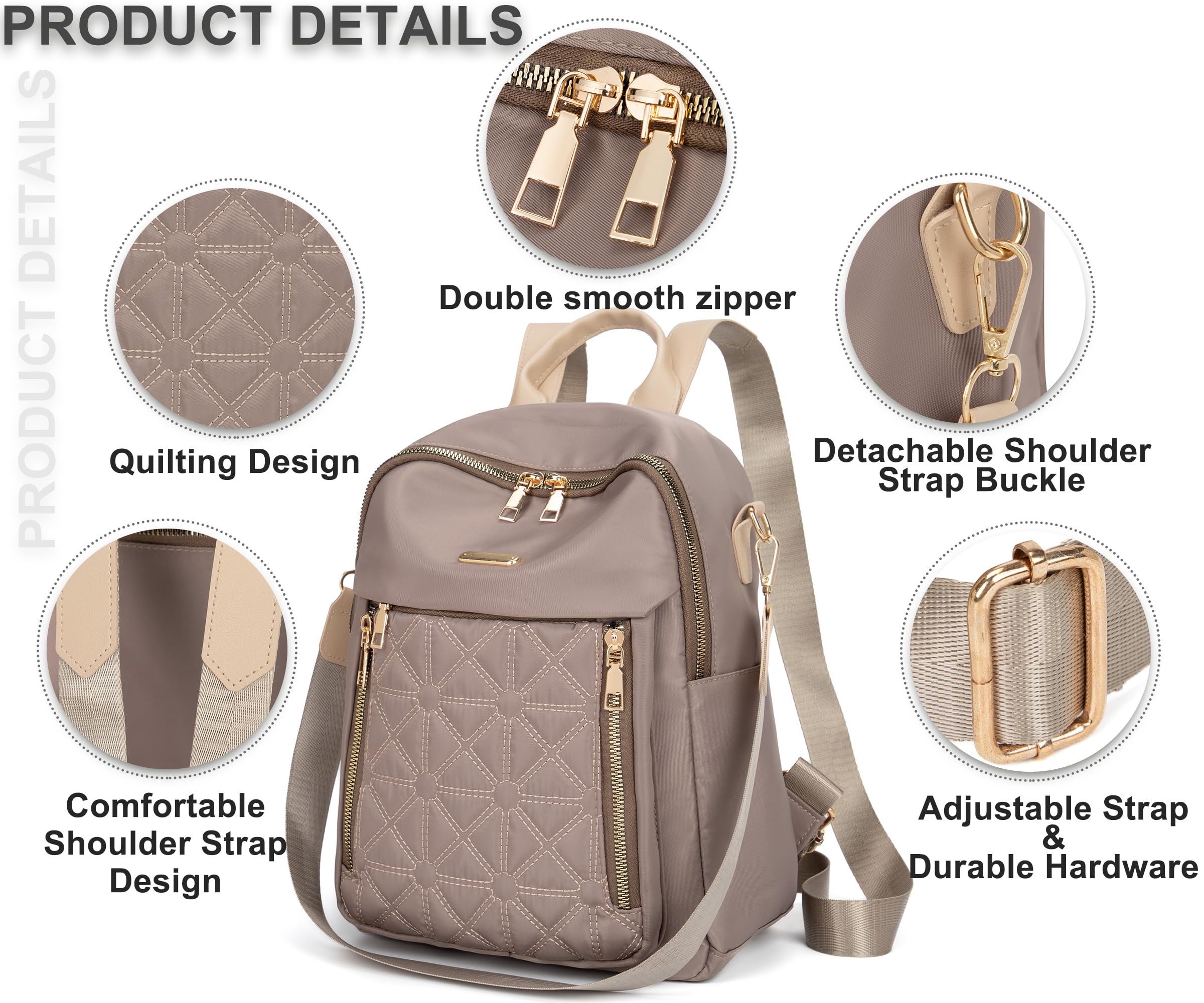 Pealwel Mini Nylon Women Backpacks,Small Ladies backpacks Lightweight Shoulder Satchel Bag Tote Handbag Casual Travel Daypack (Khaqi)