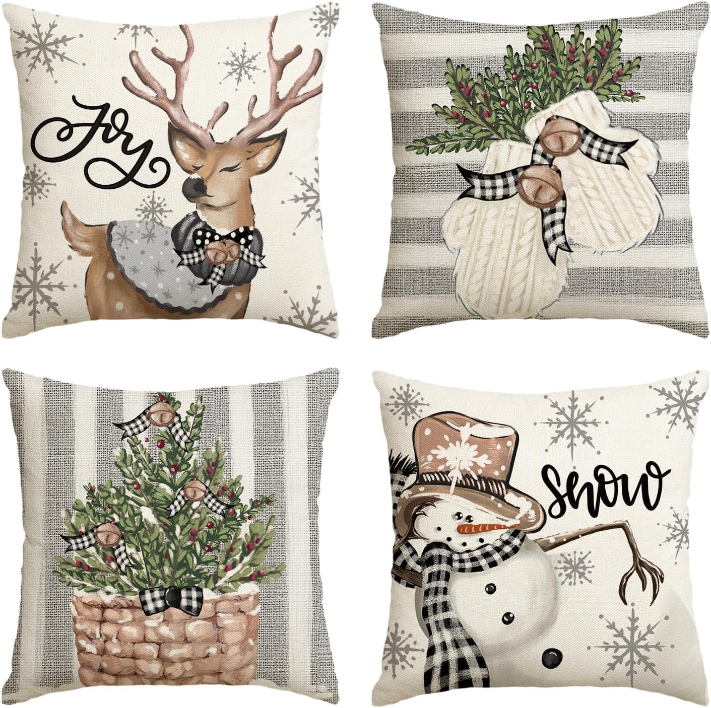 Photo 1 of 18 x 18 Inch Set of 4 Christmas Snowman Reindeer Stripes Gloves Eucalyptus Throw Pillow Covers, Christmas Winter Holiday Cushion Case Decoration for Sofa Couch-Grey