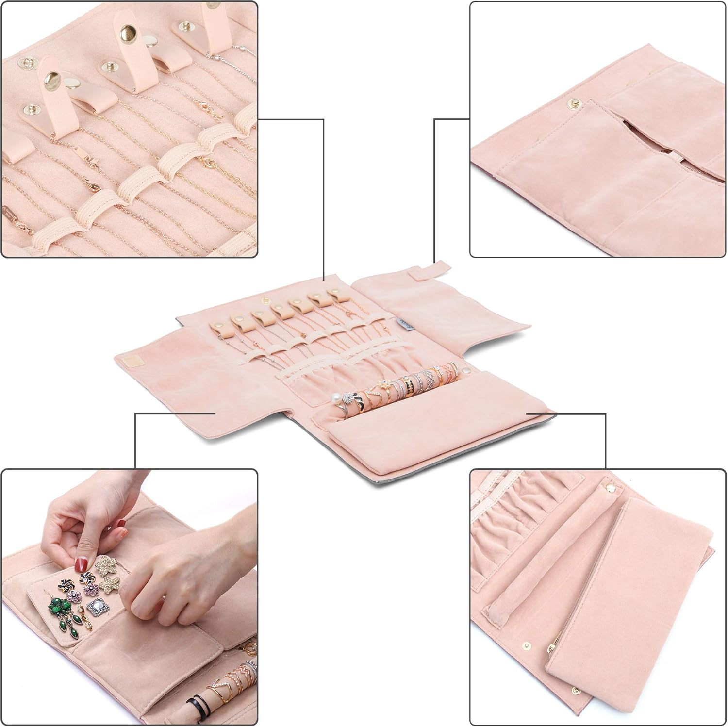 Becko Jewellery Organizer Roll Travel Jewel Bag case for Multiple Necklaces Rings, Bracelets, Supple Leather & Suede - Image 5