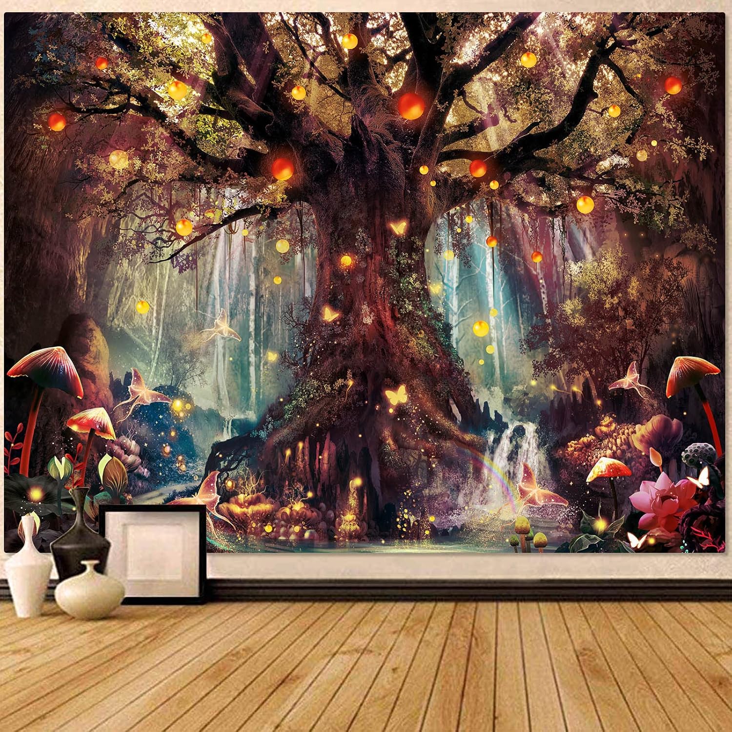 Tapestries - Zussun Fantasy Forest Tapestry Warm Fairy Tree of Life Tapestries for Bedroom Aesthetic Nature Tapastry's Wall Hanging Mushroom Butterfly Elves Wall Tapestry for Living Room Dorm (Red, 48