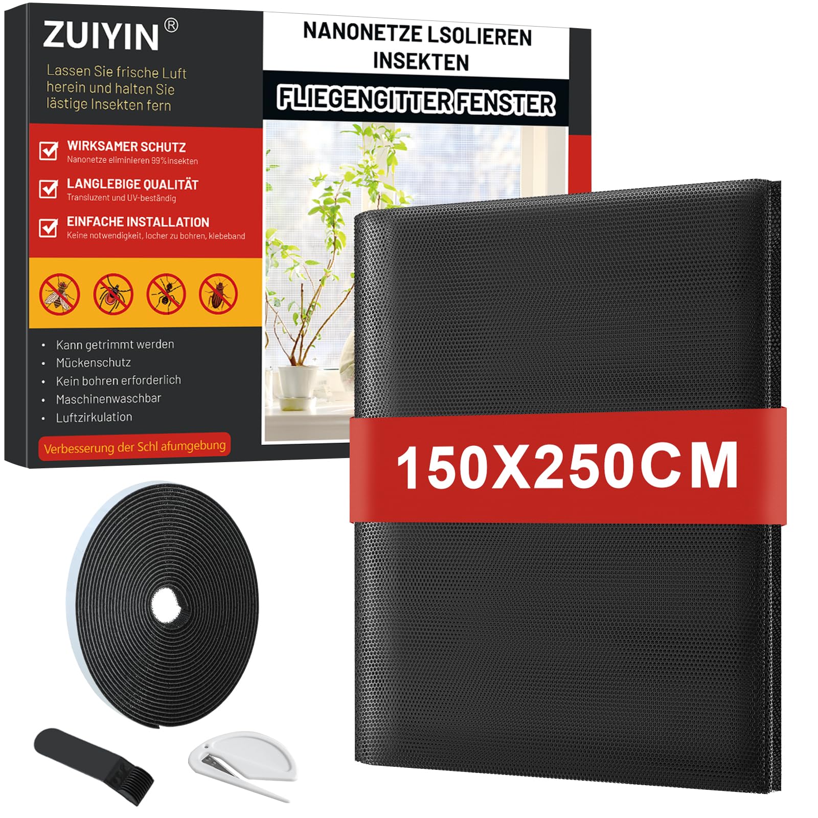 Mua ZUIYIN Fliegengitter Fenster 150x250 cm, Insektenschutz Fenster ohne Bohren, Fliegennetz mit Upgrade 2.0 Klettband, Mückennetz Fenster, Fenstergitter Insektenschutz Schwarz trên Amazon Đức chính hãng 2026