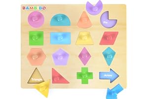 Bambibo Wooden Shape Puzzles for Toddlers | 16 Magnetic Shapes with Colorful Knobs | Baby Puzzle Pastel Toys | Montessori Toys | Wooden Peg Puzzles for Kids | Learning Toys for Kids Ages 1 2 3 4 5