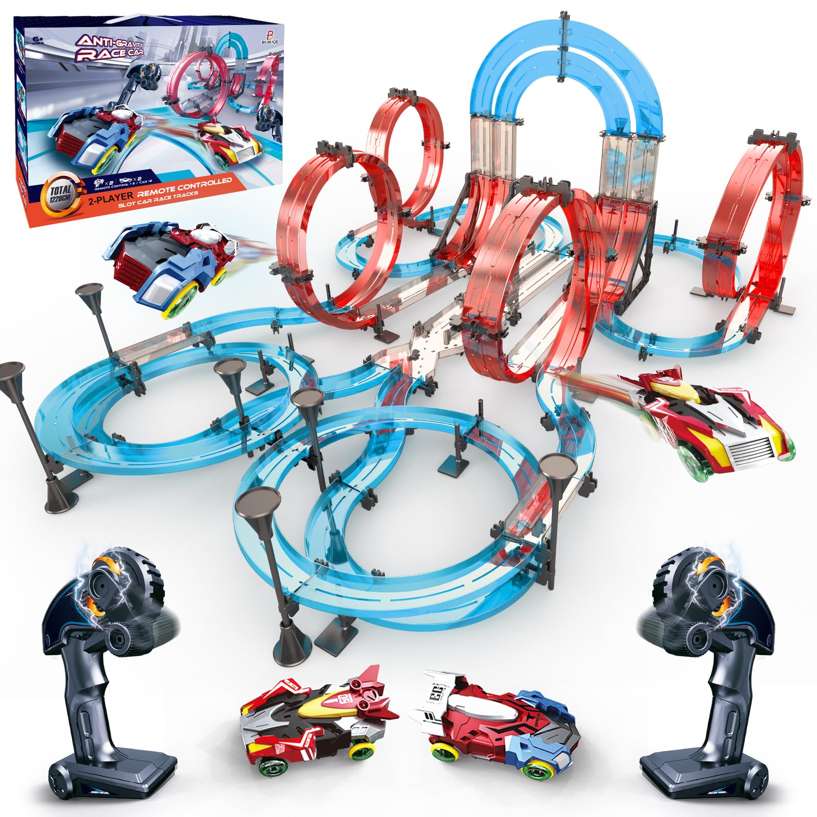 Photo 1 of Slot Car Race Track Sets Dual-Player Electric Remote Control Cars Rechargable Magnetic Cars Racing Game with Hand Controllers Circular Overpass Track Birthday Toys for Boys Kids 6 7 8-12