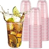Xuelimei 50pcs 500ml/16oz Disposable Stemless Glasses,PET Disposable Drinking Cups,Cold Party Clear Plastic Wine Glasses for Parties Birthday,Wedding,Meeting,Christmas Party Supplies. (Pink)