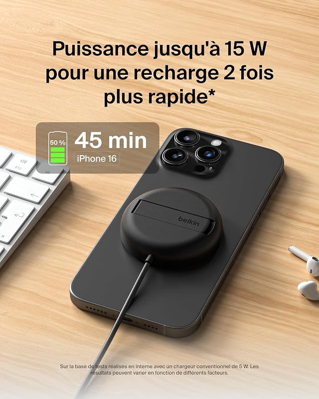 Station de Charge sans Fil, 15W, Certifié Qi2 et Compatible MagSafe, pour Tous Les modèles de l'iPhone 17, iPhone Air, iPhone 16, pour Les AirPods, etc., avec Adaptateur Secteur - Noir