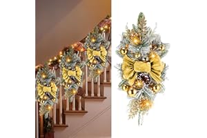 Lyrow 4 Pcs Cordless Prelit Christmas Artificial Swags 24" Xmas Stairway Swag Teardrop Trim Christmas Staircase Decoration Battery Operated Garland Indoor Outdoor Railing Decor (Chic Style)