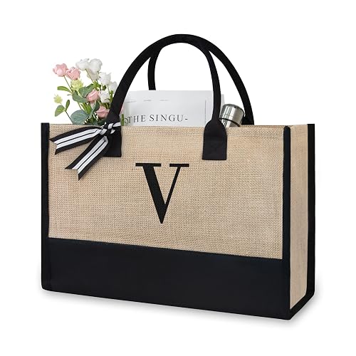 thumbnail image 2 of Personalized Initial Jute Tote Bag For Women - Heavy Duty Natural Canvas Bag 2 of 13
