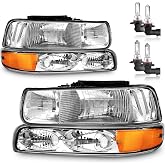 KarSpareHub Halogen Headlights for 1999-2002 Chevy Silverado 1500 2500 | Headlights W/Bulbs for 01-02 Silverado 1500HD 2500HD 3500HD, for 00-06 Tahoe Suburban Bumper Parking Turn Signal Marker Light