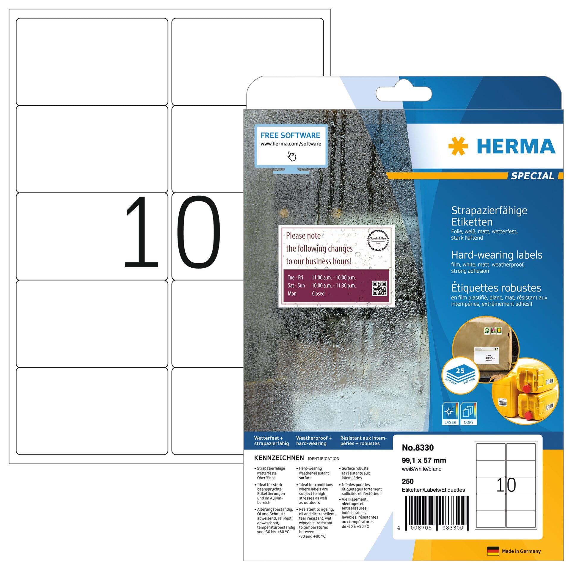 HERMA Self Adhesive Weatherproof Shipping Labels, 10 Labels per A4 Sheet, 25 Sheets, 99.1 x 57 mm, 250 Labels, Blank Parcel Labels Stickers, Sticky Labels for Laser & Inkjet Printer, White