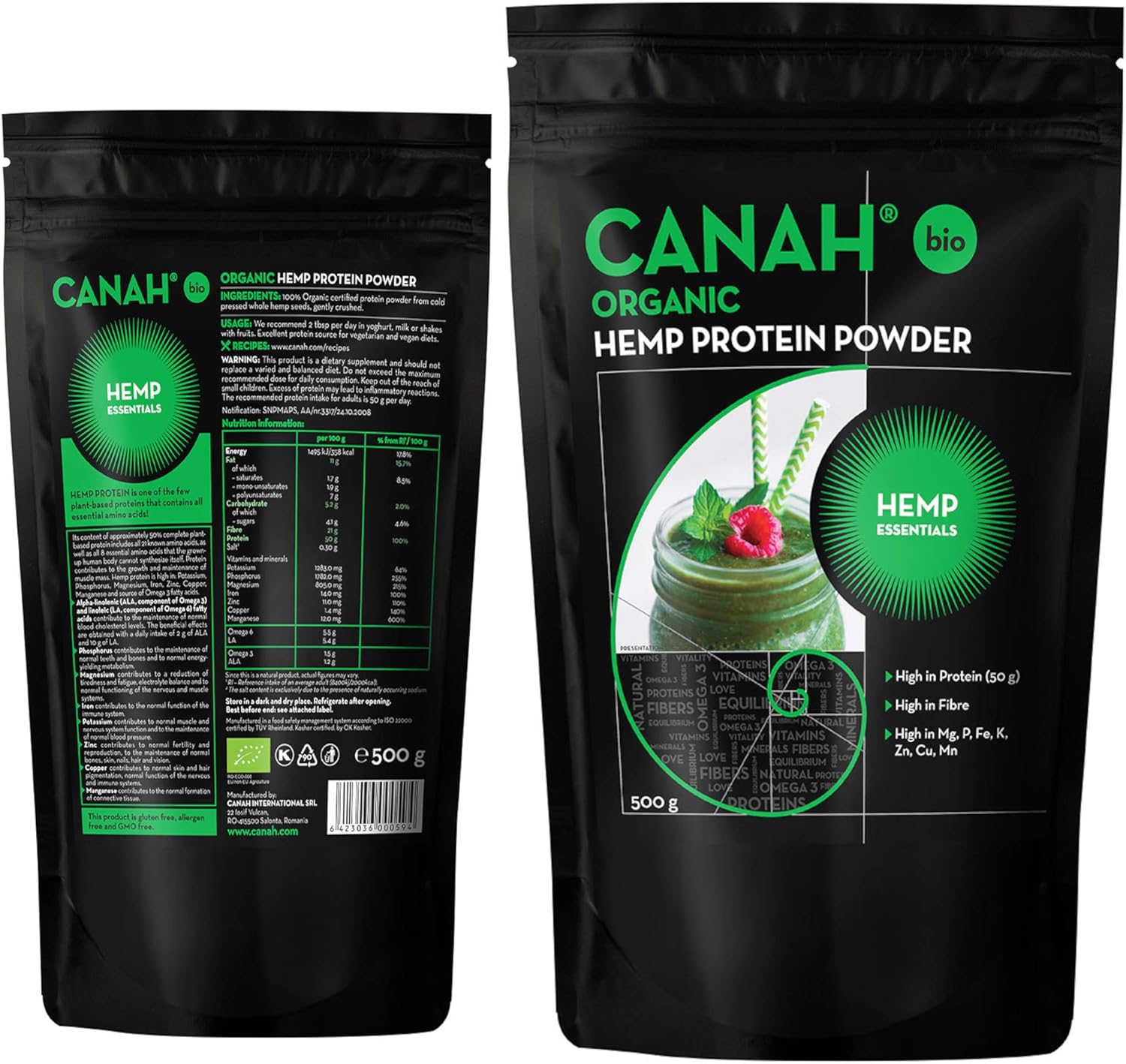Canah® Organic Hemp Protein Powder 500 g Vegan, High in Protein, Fibre, Omega 3 & Omega 6, Amino Acids, Vitamins and Minerals