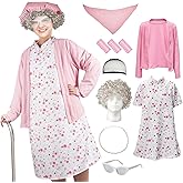 Zhanmai 7 Pcs Halloween Old Lady Costume Set 100 Days of School Grandma Costume Granny Dress for Woman Cosplay Accessories(Pink Flower, Small, Kid)