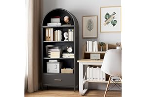 VEXPOR 73 in Tall Metal Arched Cabinet, 4-Tier Arched Bookcase with Drawer, Modern Farmhouse Bookshelf with 2 Adjustable Shelves, Kitchen Pantry Cabinet for Living Room, Black, Assembly Required