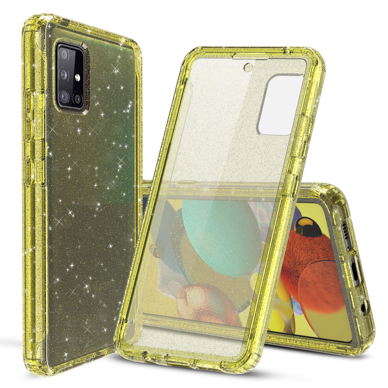 Cbus Wireless Transparent Case with Glitter Full Body Anti-Shock with Built-in Screen Protector for Samsung Galaxy A51 5G (Yellow)