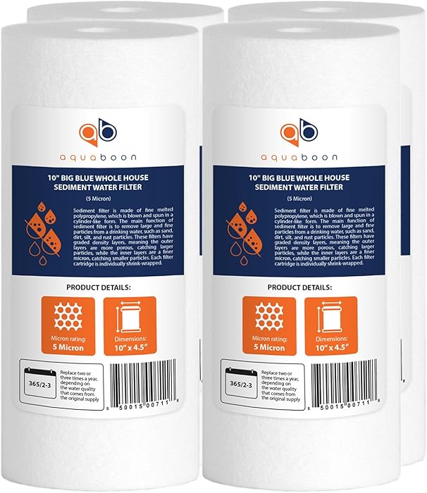 Aquaboon 4-Pack of 5 Micron 10" Big Blue Sediment Water Filter Replacement Cartridge | Whole House Sediment Filtration | Compatible with W15-PR, HD-950, WFHD13001B, GXWH35F, GXWH30C, HF45-10BLBK10PR