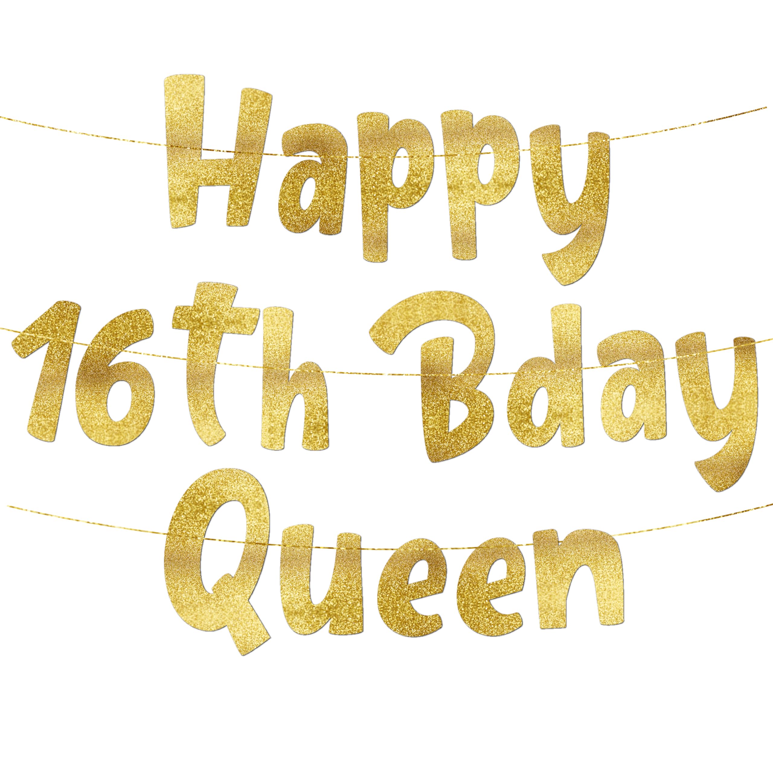 Pre-Strung Happy 16th Bday Queen Gold Glitter Banner - 16th Birthday Decorations for Teen Boys and Girls - Birthday Party Supplies, Bunting Gifts and Wall Decorations
