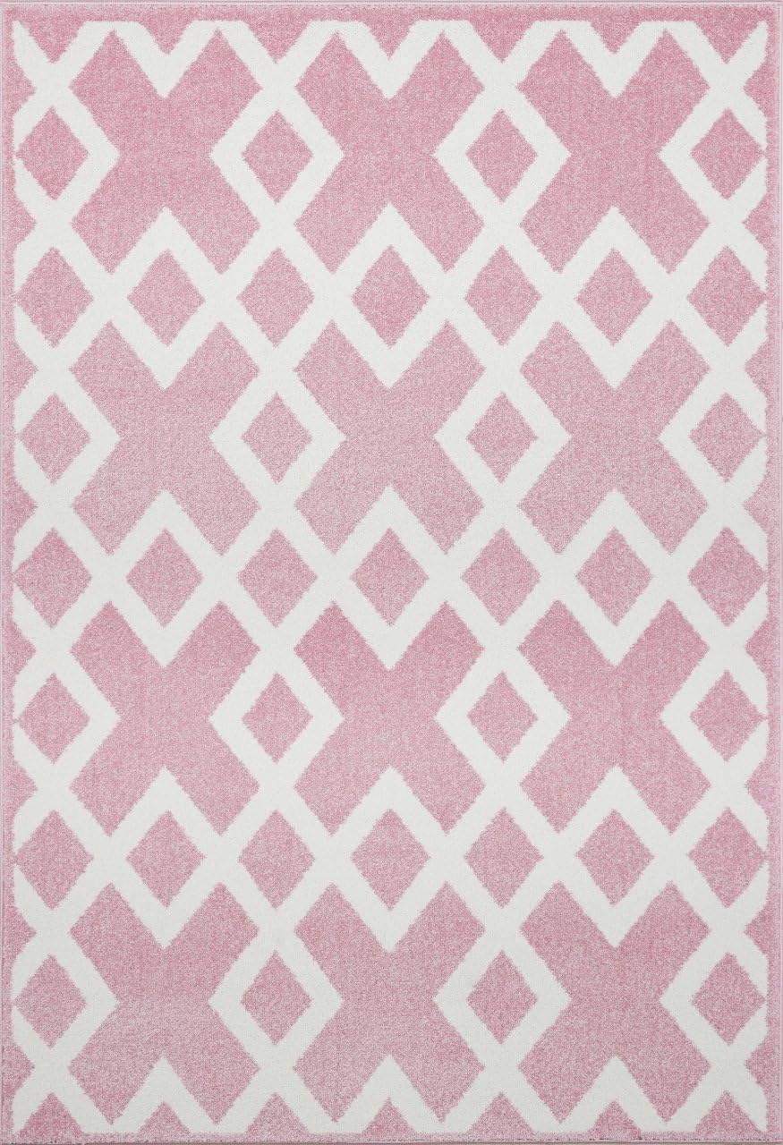 Children's Rug for Children's Room Designer Lines Checked in Pink / White Size 100 x 150 cm